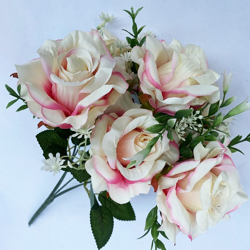 The artificial flowers are Floribunda Roses made from brushed fabric and are available in 16 colors. Artificial rose flowers are used for home decoration and wedding flower arrangements. Leafhometrade specializes in providing wholesale custom artificial plants.