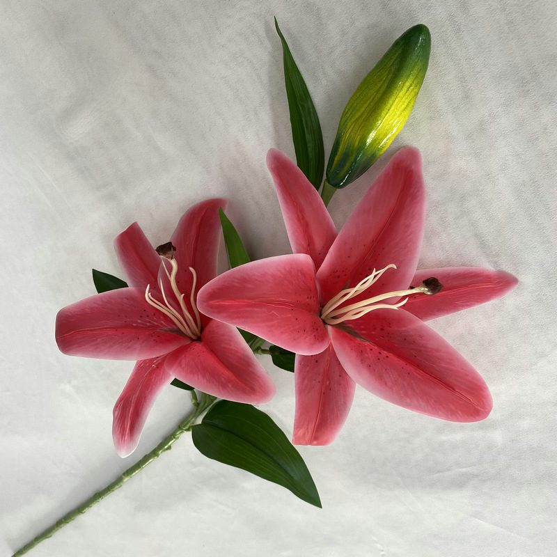 Fake lily flowers are made of 3D printing cloth, available in 6 colors. Lily artificial flowers are used for Car Decor,Exhibition,Home Decor,Hotel Decor,Office Decor. In terms of décor, the Peace Lily can be used as a focal point in a room or as a complement to other decorative elements. Lily flower arrangements can be paired with delphiniums, viburnum, hydrangeas, roses, jasmine, cockscombs, miscanthus, zinnias, cosmos, branches, dahlias, button pompoms, rudbeckias, chrysanthemums, grasses and green leaves.Leafhometrade specializes in providing wholesale custom artificial plants.