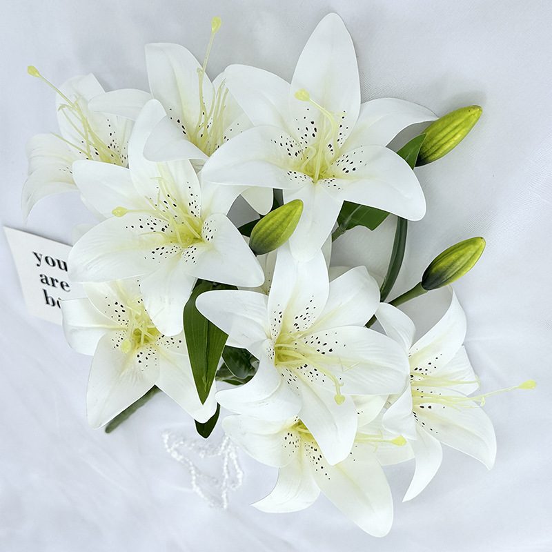 Fake lily flowers are made of 3D printing cloth, available in 10 colors. Lily artificial flowers are used for Car Decor,Exhibition,Home Decor,Hotel Decor,Office Decor. In terms of décor, the Peace Lily can be used as a focal point in a room or as a complement to other decorative elements. Lily flower arrangement can be matched with Delphinium,Viburnum,Hydrangea,Roses,Jasmine,Celosia,Miscanthus,Zinnias,Cosmos,Branches,dahlias,button poms,Ruscus,Chrysanthemums,Grasses and greenery ect. Leafhometrade specializes in providing wholesale custom artificial plants.