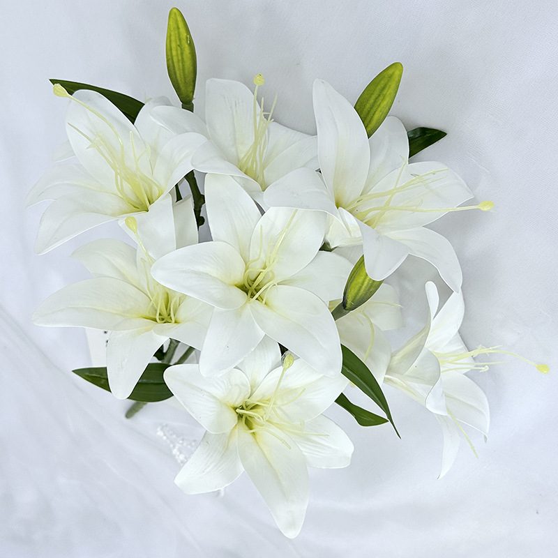 Fake lily flowers are made of 3D printing cloth, available in 10 colors. Lily artificial flowers are used for Car Decor,Exhibition,Home Decor,Hotel Decor,Office Decor. In terms of décor, the Peace Lily can be used as a focal point in a room or as a complement to other decorative elements. Lily flower arrangement can be matched with Delphinium,Viburnum,Hydrangea,Roses,Jasmine,Celosia,Miscanthus,Zinnias,Cosmos,Branches,dahlias,button poms,Ruscus,Chrysanthemums,Grasses and greenery ect. Leafhometrade specializes in providing wholesale custom artificial plants.