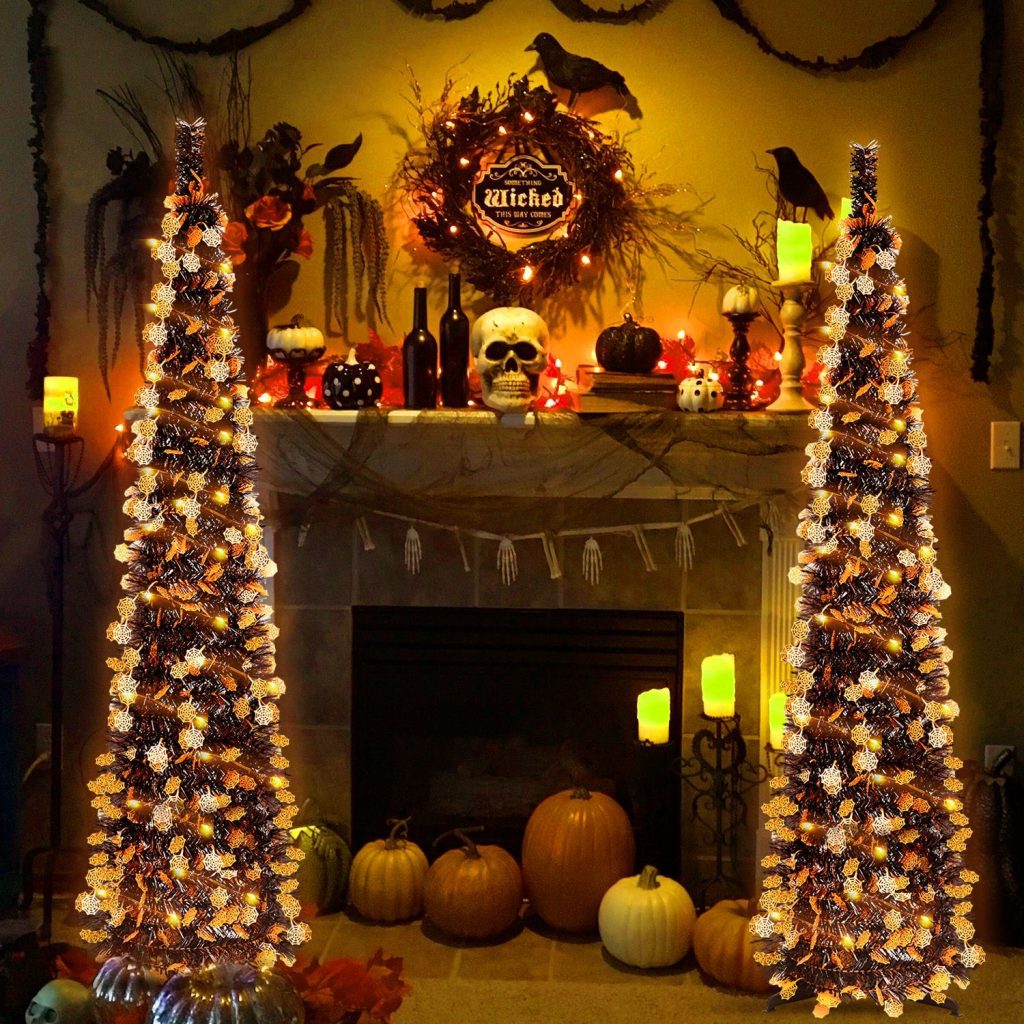 The theme colors of halloween tree are black, purple, white, orange, and green. The halloween tree decorations include skeleton, Witch Legs, ghosts, pumpkins, LED lights, witch hats, eyeballs, roses, ribbons, streamers, spiders, spider webs, dead trees, decorative balls, bows, witch, silhouettes, candles, brooms, bones, snakes, pentagrams, Halloween tree garlands, crow, bat, black cat, maple leaf, jack-o'-lanterns, monster, mummy, gargoyles, demons, candy, etc. The Halloween Tree is a 1993 animated fantasy-drama television film produced by Hanna-Barbera and based on Ray Bradbury's 1974 fantasy novel of the same name. People can learn the origins of the Day of the Dead festival that they celebrate, and the role that the fear of death, ghosts, and the haunts has played in shaping civilization. The Halloween Tree itself, with its many branches laden with jack-o'-lanterns, serves as a metaphor for the historical confluence of these traditions. Leafhometrade specializes in providing wholesale customized halloween decorations.