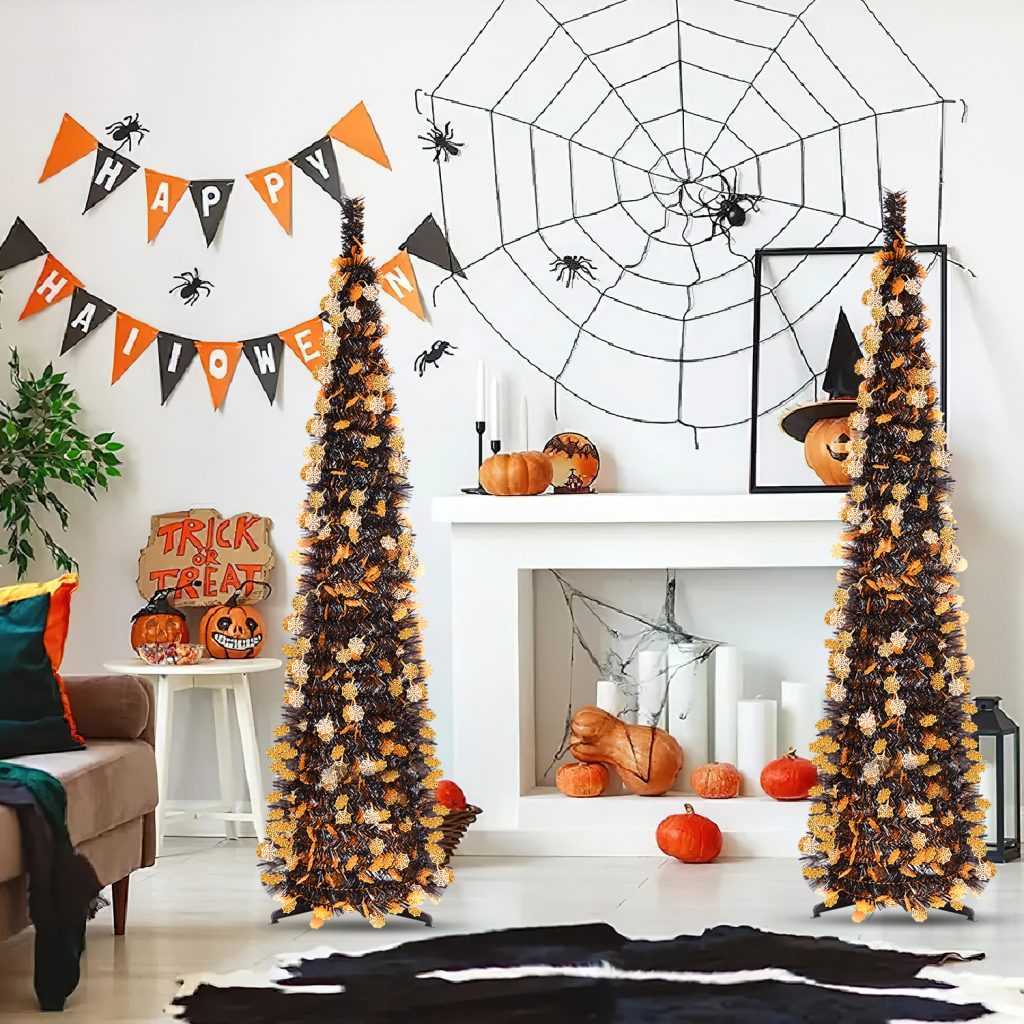 The theme colors of halloween tree are black, purple, white, orange, and green. The halloween tree decorations include skeleton, Witch Legs, ghosts, pumpkins, LED lights, witch hats, eyeballs, roses, ribbons, streamers, spiders, spider webs, dead trees, decorative balls, bows, witch, silhouettes, candles, brooms, bones, snakes, pentagrams, Halloween tree garlands, crow, bat, black cat, maple leaf, jack-o'-lanterns, monster, mummy, gargoyles, demons, candy, etc. The Halloween Tree is a 1993 animated fantasy-drama television film produced by Hanna-Barbera and based on Ray Bradbury's 1974 fantasy novel of the same name. People can learn the origins of the Day of the Dead festival that they celebrate, and the role that the fear of death, ghosts, and the haunts has played in shaping civilization. The Halloween Tree itself, with its many branches laden with jack-o'-lanterns, serves as a metaphor for the historical confluence of these traditions. Leafhometrade specializes in providing wholesale customized halloween decorations.