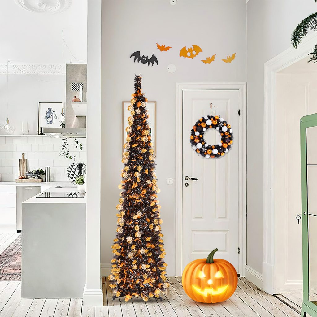 The theme colors of halloween tree are black, purple, white, orange, and green. The halloween tree decorations include skeleton, Witch Legs, ghosts, pumpkins, LED lights, witch hats, eyeballs, roses, ribbons, streamers, spiders, spider webs, dead trees, decorative balls, bows, witch, silhouettes, candles, brooms, bones, snakes, pentagrams, Halloween tree garlands, crow, bat, black cat, maple leaf, jack-o'-lanterns, monster, mummy, gargoyles, demons, candy, etc. The Halloween Tree is a 1993 animated fantasy-drama television film produced by Hanna-Barbera and based on Ray Bradbury's 1974 fantasy novel of the same name. People can learn the origins of the Day of the Dead festival that they celebrate, and the role that the fear of death, ghosts, and the haunts has played in shaping civilization. The Halloween Tree itself, with its many branches laden with jack-o'-lanterns, serves as a metaphor for the historical confluence of these traditions. Leafhometrade specializes in providing wholesale customized halloween decorations.