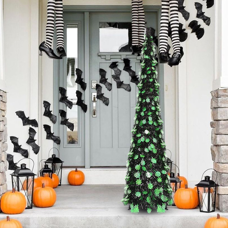 The theme colors of halloween tree are black, purple, white, orange, and green. The halloween tree decorations include skeleton, Witch Legs, ghosts, pumpkins, LED lights, witch hats, eyeballs, roses, ribbons, streamers, spiders, spider webs, dead trees, decorative balls, bows, witch, silhouettes, candles, brooms, bones, snakes, pentagrams, Halloween tree garlands, crow, bat, black cat, maple leaf, jack-o'-lanterns, monster, mummy, gargoyles, demons, candy, etc. The Halloween Tree is a 1993 animated fantasy-drama television film produced by Hanna-Barbera and based on Ray Bradbury's 1974 fantasy novel of the same name. People can learn the origins of the Day of the Dead festival that they celebrate, and the role that the fear of death, ghosts, and the haunts has played in shaping civilization. The Halloween Tree itself, with its many branches laden with jack-o'-lanterns, serves as a metaphor for the historical confluence of these traditions. Leafhometrade specializes in providing wholesale customized halloween decorations.