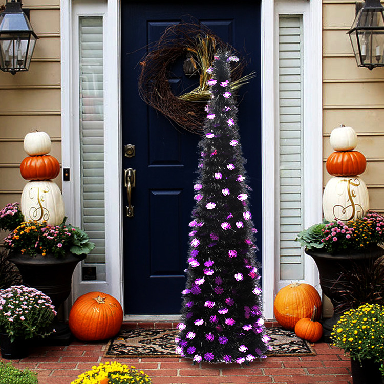 The theme colors of halloween tree are black, purple, white, orange, and green. The halloween tree decorations include skeleton, Witch Legs, ghosts, pumpkins, LED lights, witch hats, eyeballs, roses, ribbons, streamers, spiders, spider webs, dead trees, decorative balls, bows, witch, silhouettes, candles, brooms, bones, snakes, pentagrams, Halloween tree garlands, crow, bat, black cat, maple leaf, jack-o'-lanterns, monster, mummy, gargoyles, demons, candy, etc. The Halloween Tree is a 1993 animated fantasy-drama television film produced by Hanna-Barbera and based on Ray Bradbury's 1974 fantasy novel of the same name. People can learn the origins of the Day of the Dead festival that they celebrate, and the role that the fear of death, ghosts, and the haunts has played in shaping civilization. The Halloween Tree itself, with its many branches laden with jack-o'-lanterns, serves as a metaphor for the historical confluence of these traditions. Leafhometrade specializes in providing wholesale customized halloween decorations.