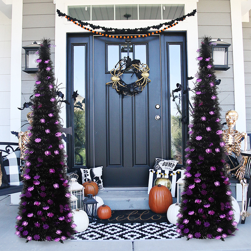 The theme colors of halloween tree are black, purple, white, orange, and green. The halloween tree decorations include skeleton, Witch Legs, ghosts, pumpkins, LED lights, witch hats, eyeballs, roses, ribbons, streamers, spiders, spider webs, dead trees, decorative balls, bows, witch, silhouettes, candles, brooms, bones, snakes, pentagrams, Halloween tree garlands, crow, bat, black cat, maple leaf, jack-o'-lanterns, monster, mummy, gargoyles, demons, candy, etc. The Halloween Tree is a 1993 animated fantasy-drama television film produced by Hanna-Barbera and based on Ray Bradbury's 1974 fantasy novel of the same name. People can learn the origins of the Day of the Dead festival that they celebrate, and the role that the fear of death, ghosts, and the haunts has played in shaping civilization. The Halloween Tree itself, with its many branches laden with jack-o'-lanterns, serves as a metaphor for the historical confluence of these traditions. Leafhometrade specializes in providing wholesale customized halloween decorations.