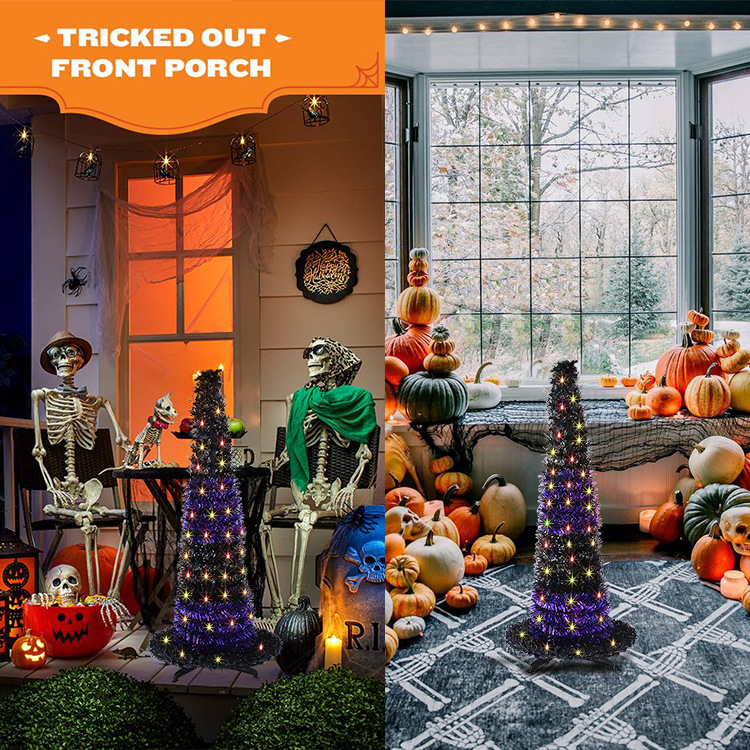 The theme colors of halloween tree are black, purple, white, orange, and green. The halloween tree decorations include skeleton, Witch Legs, ghosts, pumpkins, LED lights, witch hats, eyeballs, roses, ribbons, streamers, spiders, spider webs, dead trees, decorative balls, bows, witch, silhouettes, candles, brooms, bones, snakes, pentagrams, Halloween tree garlands, crow, bat, black cat, maple leaf, jack-o'-lanterns, monster, mummy, gargoyles, demons, candy, etc. The Halloween Tree is a 1993 animated fantasy-drama television film produced by Hanna-Barbera and based on Ray Bradbury's 1977 fantasy novel of the same name. People can learn the origins of the Day of the Dead festival that they celebrate, and the role that the fear of death, ghosts, and the haunts has played in shaping civilization. The Halloween Tree itself, with its many branches laden with jack-o'-lanterns, serves as a metaphor for the historical confluence of these traditions. Leafhometrade specializes in providing wholesale customized halloween decorations.