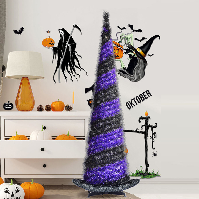 The theme colors of halloween tree are black, purple, white, orange, and green. The halloween tree decorations include skeleton, Witch Legs, ghosts, pumpkins, LED lights, witch hats, eyeballs, roses, ribbons, streamers, spiders, spider webs, dead trees, decorative balls, bows, witch, silhouettes, candles, brooms, bones, snakes, pentagrams, Halloween tree garlands, crow, bat, black cat, maple leaf, jack-o'-lanterns, monster, mummy, gargoyles, demons, candy, etc. The Halloween Tree is a 1993 animated fantasy-drama television film produced by Hanna-Barbera and based on Ray Bradbury's 1977 fantasy novel of the same name. People can learn the origins of the Day of the Dead festival that they celebrate, and the role that the fear of death, ghosts, and the haunts has played in shaping civilization. The Halloween Tree itself, with its many branches laden with jack-o'-lanterns, serves as a metaphor for the historical confluence of these traditions. Leafhometrade specializes in providing wholesale customized halloween decorations.