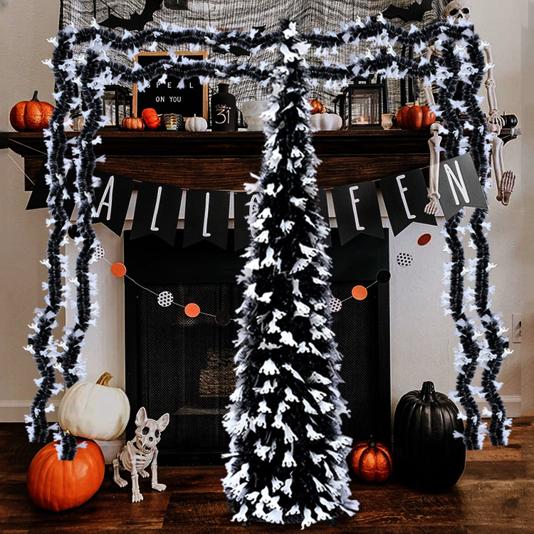 The theme colors of halloween tree are black, purple, white, orange, and green. The halloween tree decorations include skeleton, Witch Legs, ghosts, pumpkins, LED lights, witch hats, eyeballs, roses, ribbons, streamers, spiders, spider webs, dead trees, decorative balls, bows, witch, silhouettes, candles, brooms, bones, snakes, pentagrams, Halloween tree garlands, crow, bat, black cat, maple leaf, jack-o'-lanterns, monster, mummy, gargoyles, demons, candy, etc. The Halloween Tree is a 1993 animated fantasy-drama television film produced by Hanna-Barbera and based on Ray Bradbury's 1975 fantasy novel of the same name. People can learn the origins of the Day of the Dead festival that they celebrate, and the role that the fear of death, ghosts, and the haunts has played in shaping civilization. The Halloween Tree itself, with its many branches laden with jack-o'-lanterns, serves as a metaphor for the historical confluence of these traditions. Leafhometrade specializes in providing wholesale customized halloween decorations.