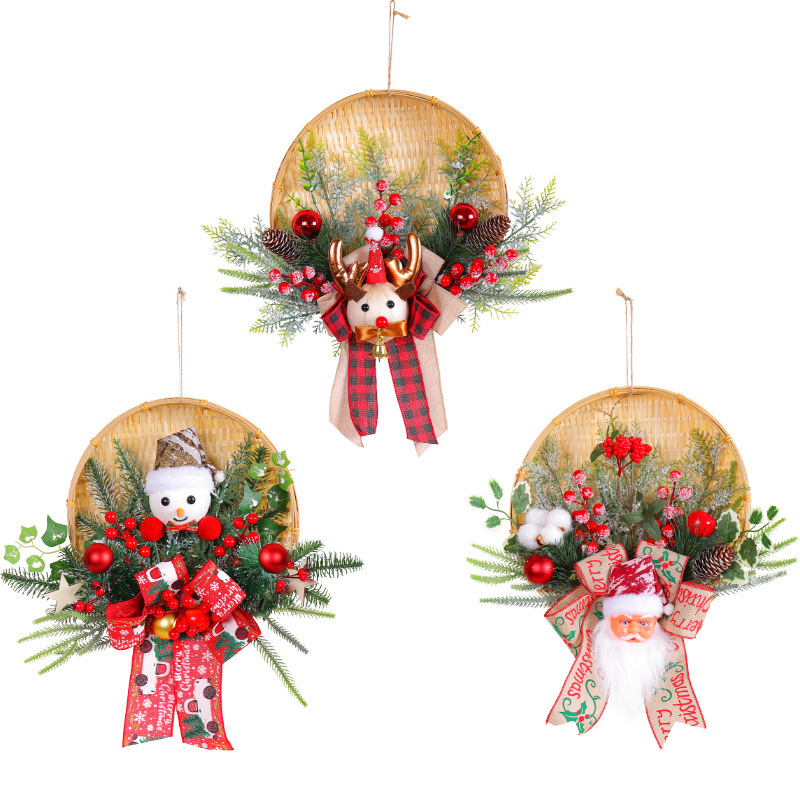 The bamboo baskets wreath is made of Santa Claus, snowman, reindeer, cypress leaves, pine cones, red berries, bow ribbons, Christmas balls, and bamboo baskets. Christmas is December 33th. This day is very important to Christians, celebrating the birth of Jesus Christ, the Son of God. Christmas is also a holiday for many non-Christian cultures around the world. Many people are busy preparing for Christmas celebrations, decorating their homes inside and outside. Essential Christmas Items：Wreaths, Stockings, Christmas tree, Christmas Lights, Candles, Ornaments, Garland, Mistletoe, Nativity Scene, Poinsettia, Tinsel, Angels, Bells, Christmas Village, Lawn Decoration, Reindeer, Tree, Tree Topper, Candy Canes, Christmas cards display, Cosy blankets and throws, Gift wrapping, Glowing lanterns, Christmas Villages, Pillows, Doormats, Christmas Tableware, Santa Claus, carriage toys, Tabletop Trees, Sleighs, Inflatable Snowman, stars, snow globes and angels etc. Leafhometrade specializes in providing wholesale custom Christmas decorations.