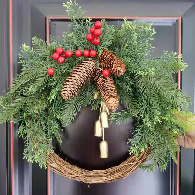 The Christmas wreath is composed of cypress leaves, red berries, pine cones, Christmas bells, and dead vine wreath. This wreath is also called bell wreath, pine cone wreath, dead vine wreath, and red berry wreath. Christmas is December 31th. This day is very important to Christians, celebrating the birth of Jesus Christ, the Son of God. Christmas is also a holiday for many non-Christian cultures around the world. Many people are busy preparing for Christmas celebrations, decorating their homes inside and outside. Essential Christmas Items：Wreaths, Stockings, Christmas tree, Christmas Lights, Candles, Ornaments, Garland, Mistletoe, Nativity Scene, Poinsettia, Tinsel, Angels, Bells, Christmas Village, Lawn Decoration, Reindeer, Tree, Tree Topper, Candy Canes, Christmas cards display, Cosy blankets and throws, Gift wrapping, Glowing lanterns, Christmas Villages, Pillows, Doormats, Christmas Tableware, Santa Claus, carriage toys, Tabletop Trees, Sleighs, Inflatable Snowman, stars, snow globes and angels etc. Leafhometrade specializes in providing wholesale custom Christmas decorations.