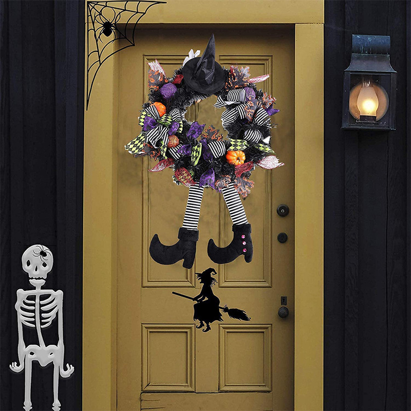 Halloween Wreath are made of PVC, clothes. Wreaths are used typically as household ornaments, most commonly as an Advent and Christmas decoration. The decorative elements of Halloween wreaths are as follows: skeleton, Witch Legs, ghosts, pumpkins, LED lights, witch hats, eyeballs, roses, ribbons, streamers,  spiders, spider webs, dead trees, decorative balls, bows, witch, silhouettes, candles, brooms, bones, snakes, pentagrams, Halloween tree garlands, crow, bat, black cat, maple leaf, jack-o'-lanterns, monster, mummy, gargoyles, demons, candy, etc. Leafhometrade specializes in providing wholesale customized halloween decorations.