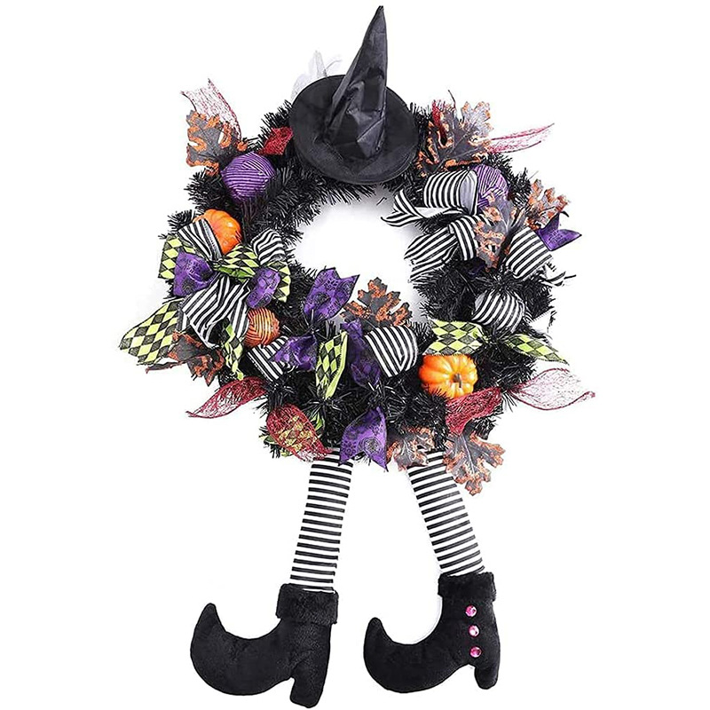 Halloween Wreath are made of PVC, clothes. Wreaths are used typically as household ornaments, most commonly as an Advent and Christmas decoration. The decorative elements of Halloween wreaths are as follows: skeleton, Witch Legs, ghosts, pumpkins, LED lights, witch hats, eyeballs, roses, ribbons, streamers,  spiders, spider webs, dead trees, decorative balls, bows, witch, silhouettes, candles, brooms, bones, snakes, pentagrams, Halloween tree garlands, crow, bat, black cat, maple leaf, jack-o'-lanterns, monster, mummy, gargoyles, demons, candy, etc. Leafhometrade specializes in providing wholesale customized halloween decorations.