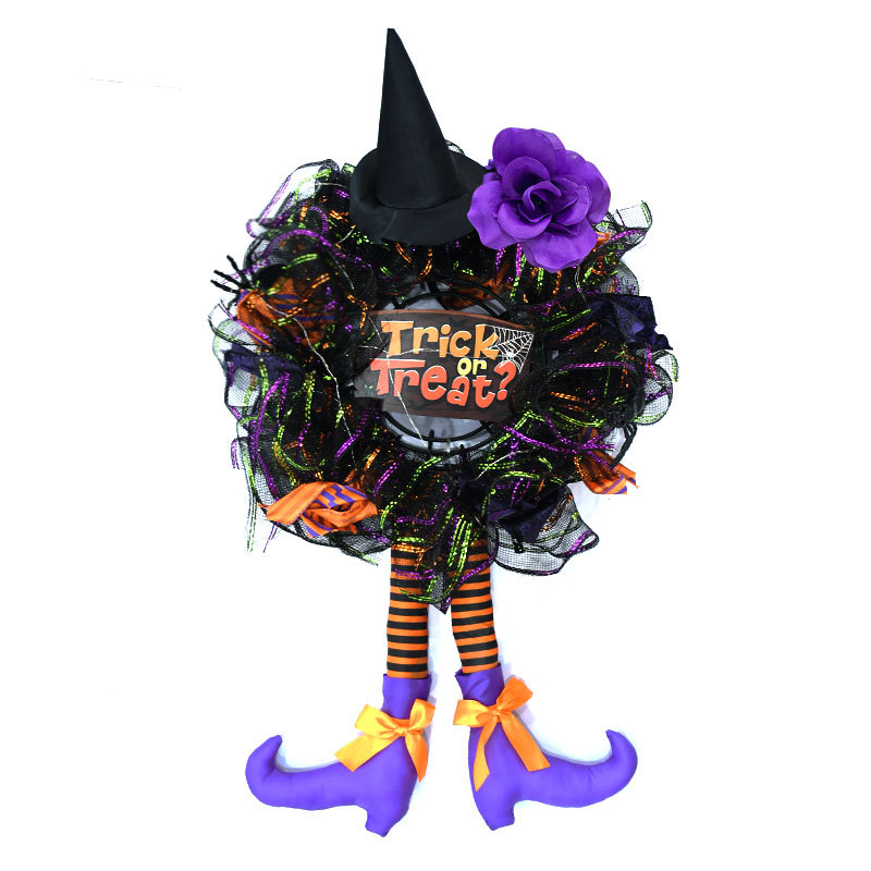 Halloween Wreath are made of PVC, clothes. Wreaths are used typically as household ornaments, most commonly as an Advent and Christmas decoration. The decorative elements of Halloween wreaths are as follows: skeleton, Witch Legs, ghosts, pumpkins, LED lights, witch hats, eyeballs, roses, ribbons, streamers,  spiders, spider webs, dead trees, decorative balls, bows, witch, silhouettes, candles, brooms, bones, snakes, pentagrams, Halloween tree garlands, crow, bat, black cat, maple leaf, jack-o'-lanterns, monster, mummy, gargoyles, demons, candy, etc. Leafhometrade specializes in providing wholesale customized halloween decorations.