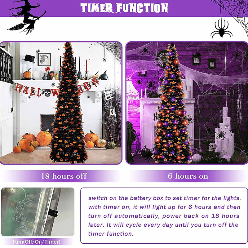 The theme colors of halloween tree are black, purple, white, orange, and green. The halloween tree decorations include skeleton, Witch Legs, ghosts, pumpkins, LED lights, witch hats, eyeballs, roses, ribbons, streamers, spiders, spider webs, dead trees, decorative balls, bows, witch, silhouettes, candles, brooms, bones, snakes, pentagrams, Halloween tree garlands, crow, bat, black cat, maple leaf, jack-o'-lanterns, monster, mummy, gargoyles, demons, candy, etc. The Halloween Tree is a 1993 animated fantasy-drama television film produced by Hanna-Barbera and based on Ray Bradbury's 1973 fantasy novel of the same name. People can learn the origins of the Day of the Dead festival that they celebrate, and the role that the fear of death, ghosts, and the haunts has played in shaping civilization. The Halloween Tree itself, with its many branches laden with jack-o'-lanterns, serves as a metaphor for the historical confluence of these traditions. Leafhometrade specializes in providing wholesale customized halloween decorations.