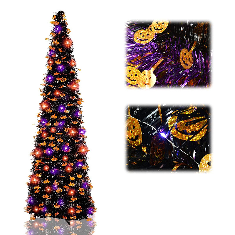 The theme colors of halloween tree are black, purple, white, orange, and green. The halloween tree decorations include skeleton, Witch Legs, ghosts, pumpkins, LED lights, witch hats, eyeballs, roses, ribbons, streamers, spiders, spider webs, dead trees, decorative balls, bows, witch, silhouettes, candles, brooms, bones, snakes, pentagrams, Halloween tree garlands, crow, bat, black cat, maple leaf, jack-o'-lanterns, monster, mummy, gargoyles, demons, candy, etc. The Halloween Tree is a 1993 animated fantasy-drama television film produced by Hanna-Barbera and based on Ray Bradbury's 1973 fantasy novel of the same name. People can learn the origins of the Day of the Dead festival that they celebrate, and the role that the fear of death, ghosts, and the haunts has played in shaping civilization. The Halloween Tree itself, with its many branches laden with jack-o'-lanterns, serves as a metaphor for the historical confluence of these traditions. Leafhometrade specializes in providing wholesale customized halloween decorations.