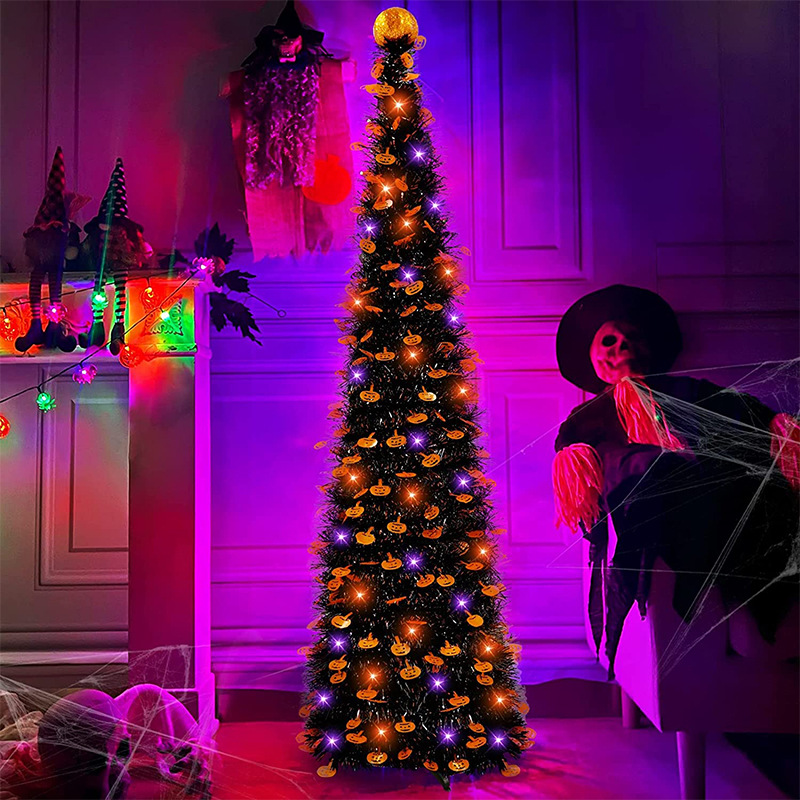 The theme colors of halloween tree are black, purple, white, orange, and green. The halloween tree decorations include skeleton, Witch Legs, ghosts, pumpkins, LED lights, witch hats, eyeballs, roses, ribbons, streamers, spiders, spider webs, dead trees, decorative balls, bows, witch, silhouettes, candles, brooms, bones, snakes, pentagrams, Halloween tree garlands, crow, bat, black cat, maple leaf, jack-o'-lanterns, monster, mummy, gargoyles, demons, candy, etc. The Halloween Tree is a 1993 animated fantasy-drama television film produced by Hanna-Barbera and based on Ray Bradbury's 1973 fantasy novel of the same name. People can learn the origins of the Day of the Dead festival that they celebrate, and the role that the fear of death, ghosts, and the haunts has played in shaping civilization. The Halloween Tree itself, with its many branches laden with jack-o'-lanterns, serves as a metaphor for the historical confluence of these traditions. Leafhometrade specializes in providing wholesale customized halloween decorations.