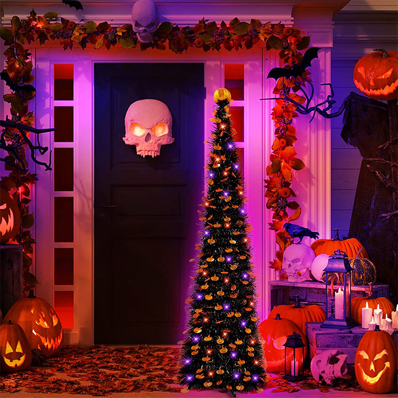 The theme colors of halloween tree are black, purple, white, orange, and green. The halloween tree decorations include skeleton, Witch Legs, ghosts, pumpkins, LED lights, witch hats, eyeballs, roses, ribbons, streamers, spiders, spider webs, dead trees, decorative balls, bows, witch, silhouettes, candles, brooms, bones, snakes, pentagrams, Halloween tree garlands, crow, bat, black cat, maple leaf, jack-o'-lanterns, monster, mummy, gargoyles, demons, candy, etc. The Halloween Tree is a 1993 animated fantasy-drama television film produced by Hanna-Barbera and based on Ray Bradbury's 1973 fantasy novel of the same name. People can learn the origins of the Day of the Dead festival that they celebrate, and the role that the fear of death, ghosts, and the haunts has played in shaping civilization. The Halloween Tree itself, with its many branches laden with jack-o'-lanterns, serves as a metaphor for the historical confluence of these traditions. Leafhometrade specializes in providing wholesale customized halloween decorations.