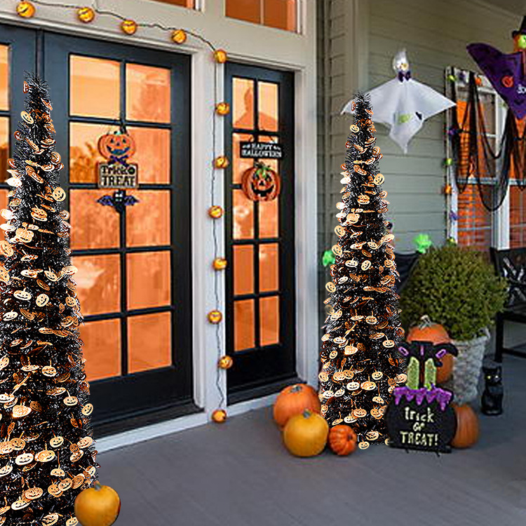 The theme colors of halloween tree are black, purple, white, orange, and green. The halloween tree decorations include skeleton, Witch Legs, ghosts, pumpkins, LED lights, witch hats, eyeballs, roses, ribbons, streamers, spiders, spider webs, dead trees, decorative balls, bows, witch, silhouettes, candles, brooms, bones, snakes, pentagrams, Halloween tree garlands, crow, bat, black cat, maple leaf, jack-o'-lanterns, monster, mummy, gargoyles, demons, candy, etc. The Halloween Tree is a 1993 animated fantasy-drama television film produced by Hanna-Barbera and based on Ray Bradbury's 1973 fantasy novel of the same name. People can learn the origins of the Day of the Dead festival that they celebrate, and the role that the fear of death, ghosts, and the haunts has played in shaping civilization. The Halloween Tree itself, with its many branches laden with jack-o'-lanterns, serves as a metaphor for the historical confluence of these traditions. Leafhometrade specializes in providing wholesale customized halloween decorations.