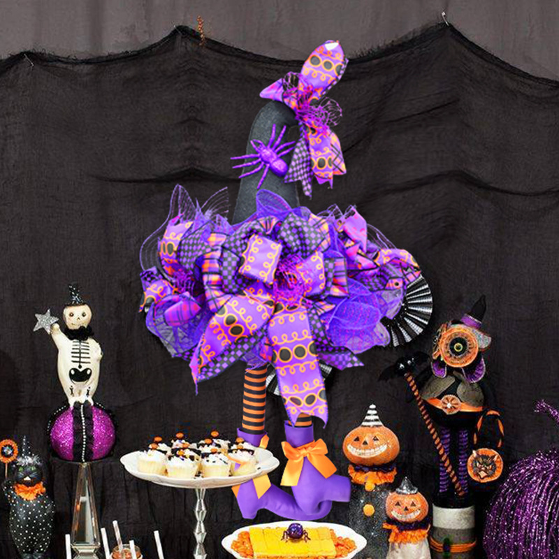 Halloween Wreath are made of PVC, Streamer, clothes. Wreaths are used typically as household ornaments, most commonly as an Advent and Christmas decoration. The decorative elements of Halloween wreaths are as follows: skeleton, Witch Legs, ghosts, pumpkins, LED lights, witch hats, eyeballs, roses, ribbons, streamers,  spiders, spider webs, dead trees, decorative balls, bows, witch, silhouettes, candles, brooms, bones, snakes, pentagrams, Halloween tree garlands, crow, bat, black cat, maple leaf, jack-o'-lanterns, monster, mummy, gargoyles, demons, candy, etc. Leafhometrade specializes in providing wholesale customized halloween decorations.