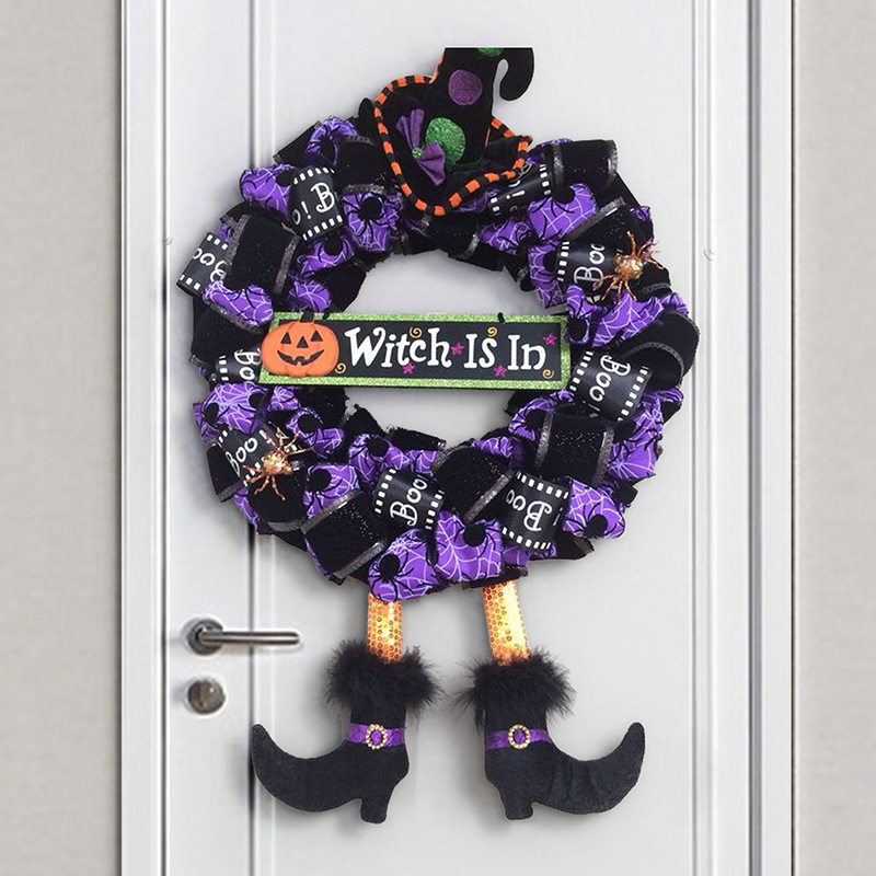 Halloween Wreath are made of PVC, Streamer, clothes. Wreaths are used typically as household ornaments, most commonly as an Advent and Christmas decoration. The decorative elements of Halloween wreaths are as follows: skeleton, Witch Legs, ghosts, pumpkins, LED lights, witch hats, eyeballs, roses, ribbons, streamers,  spiders, spider webs, dead trees, decorative balls, bows, witch, silhouettes, candles, brooms, bones, snakes, pentagrams, Halloween tree garlands, crow, bat, black cat, maple leaf, jack-o'-lanterns, monster, mummy, gargoyles, demons, candy, etc. Leafhometrade specializes in providing wholesale customized halloween decorations.