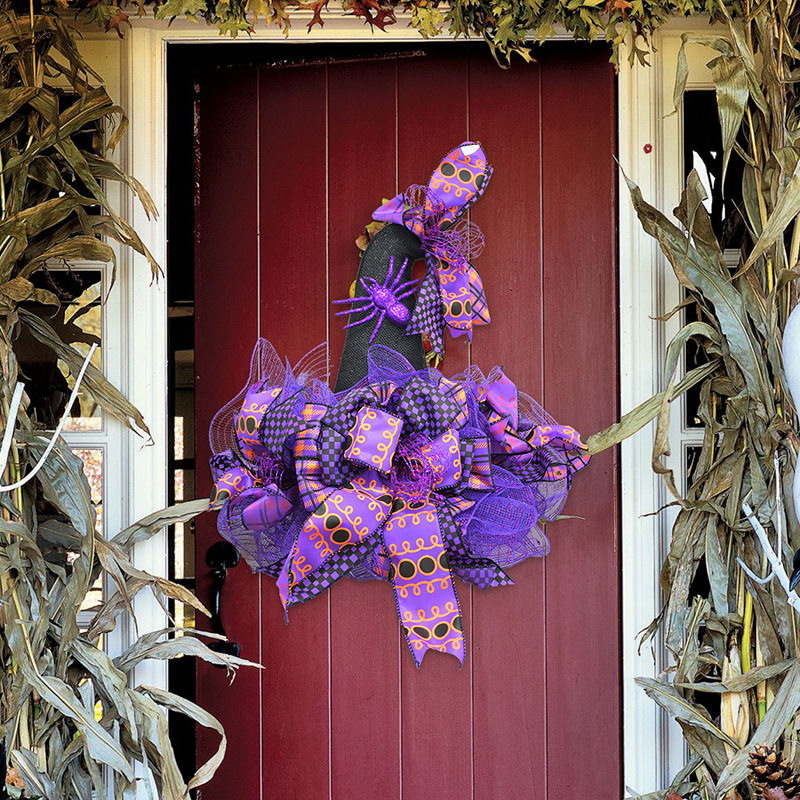 Halloween Wreath are made of PVC, Streamer, clothes. Wreaths are used typically as household ornaments, most commonly as an Advent and Christmas decoration. The decorative elements of Halloween wreaths are as follows: skeleton, Witch Legs, ghosts, pumpkins, LED lights, witch hats, eyeballs, roses, ribbons, streamers,  spiders, spider webs, dead trees, decorative balls, bows, witch, silhouettes, candles, brooms, bones, snakes, pentagrams, Halloween tree garlands, crow, bat, black cat, maple leaf, jack-o'-lanterns, monster, mummy, gargoyles, demons, candy, etc. Leafhometrade specializes in providing wholesale customized halloween decorations.