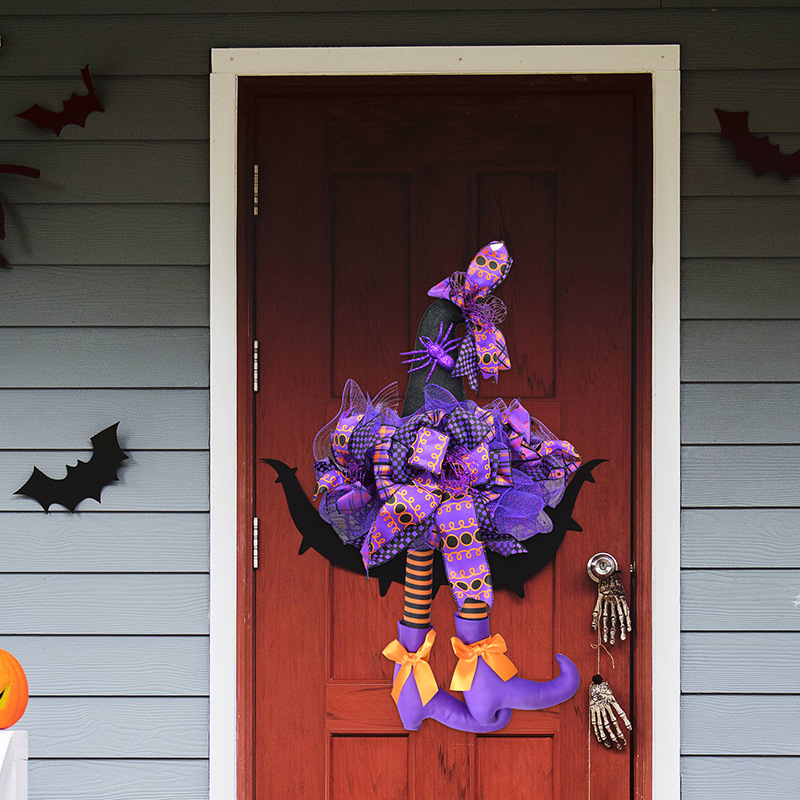 Halloween Wreath are made of PVC, Streamer, clothes. Wreaths are used typically as household ornaments, most commonly as an Advent and Christmas decoration. The decorative elements of Halloween wreaths are as follows: skeleton, Witch Legs, ghosts, pumpkins, LED lights, witch hats, eyeballs, roses, ribbons, streamers,  spiders, spider webs, dead trees, decorative balls, bows, witch, silhouettes, candles, brooms, bones, snakes, pentagrams, Halloween tree garlands, crow, bat, black cat, maple leaf, jack-o'-lanterns, monster, mummy, gargoyles, demons, candy, etc. Leafhometrade specializes in providing wholesale customized halloween decorations.