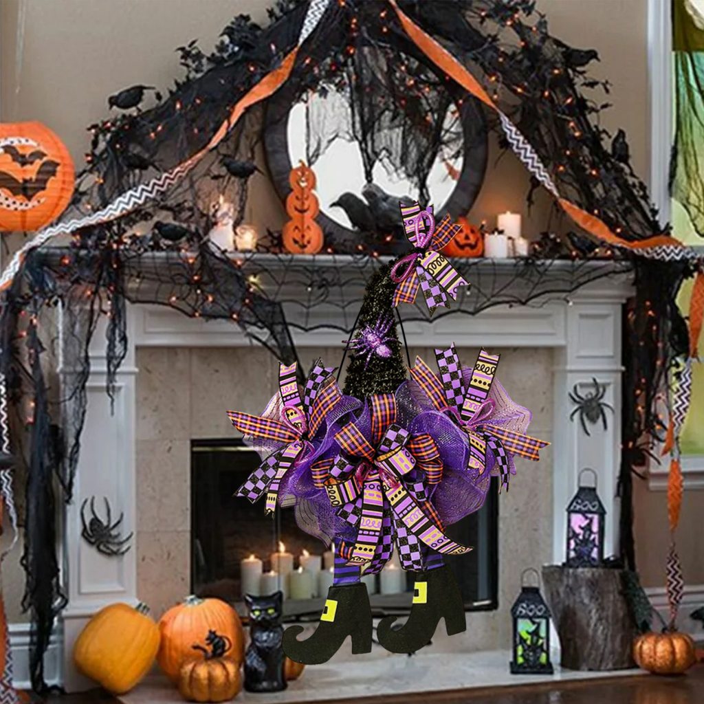 Halloween Wreath are made of PVC, Streamer, clothes. Wreaths are used typically as household ornaments, most commonly as an Advent and Christmas decoration. The decorative elements of Halloween wreaths are as follows: skeleton, Witch Legs, ghosts, pumpkins, LED lights, witch hats, eyeballs, roses, ribbons, streamers,  spiders, spider webs, dead trees, decorative balls, bows, witch, silhouettes, candles, brooms, bones, snakes, pentagrams, Halloween tree garlands, crow, bat, black cat, maple leaf, jack-o'-lanterns, monster, mummy, gargoyles, demons, candy, etc. Leafhometrade specializes in providing wholesale customized halloween decorations.