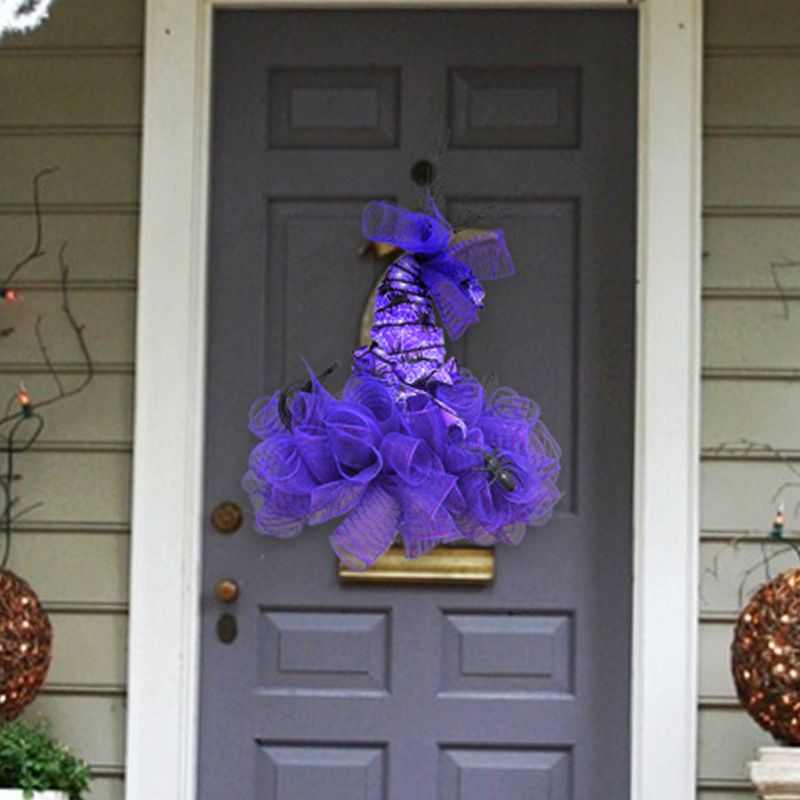 Halloween Wreath are made of PVC, Streamer, clothes. Wreaths are used typically as household ornaments, most commonly as an Advent and Christmas decoration. The decorative elements of Halloween wreaths are as follows: skeleton, Witch Legs, ghosts, pumpkins, LED lights, witch hats, eyeballs, roses, ribbons, streamers,  spiders, spider webs, dead trees, decorative balls, bows, witch, silhouettes, candles, brooms, bones, snakes, pentagrams, Halloween tree garlands, crow, bat, black cat, maple leaf, jack-o'-lanterns, monster, mummy, gargoyles, demons, candy, etc. Leafhometrade specializes in providing wholesale customized halloween decorations.