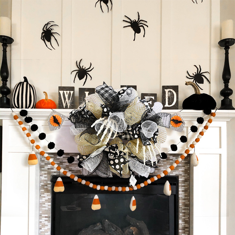 Halloween Wreath are made of PVC, plastic balls, foam flowers. Wreaths are used typically as household ornaments, most commonly as an Advent and Christmas decoration. The decorative elements of Halloween wreaths are as follows: skeleton, Witch Legs, ghosts, pumpkins, LED lights, witch hats, eyeballs, roses, ribbons, streamers,  spiders, spider webs, dead trees, decorative balls, bows, witch, silhouettes, candles, brooms, bones, snakes, pentagrams, Halloween tree garlands, crow, bat, black cat, maple leaf, jack-o'-lanterns, monster, mummy, gargoyles, demons, candy, etc. Leafhometrade specializes in providing wholesale customized halloween decorations.