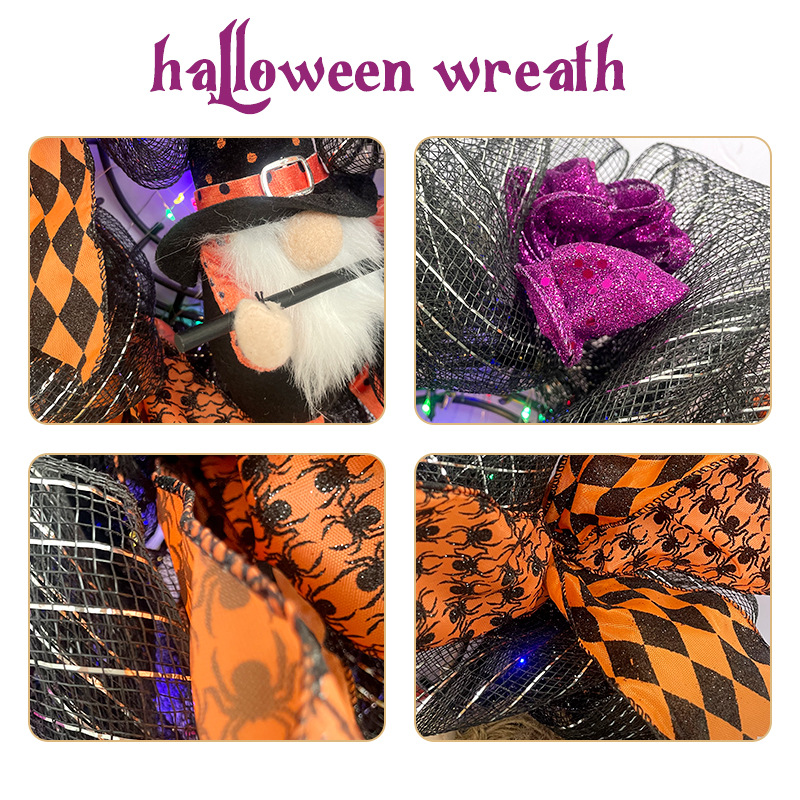 Halloween Wreath are made of PVC, plastic balls, foam flowers. Wreaths are used typically as household ornaments, most commonly as an Advent and Christmas decoration. The decorative elements of Halloween wreaths are as follows: skeleton, Witch Legs, ghosts, pumpkins, LED lights, witch hats, eyeballs, roses, ribbons, streamers,  spiders, spider webs, dead trees, decorative balls, bows, witch, silhouettes, candles, brooms, bones, snakes, pentagrams, Halloween tree garlands, crow, bat, black cat, maple leaf, jack-o'-lanterns, monster, mummy, gargoyles, demons, candy, etc. Leafhometrade specializes in providing wholesale customized halloween decorations.