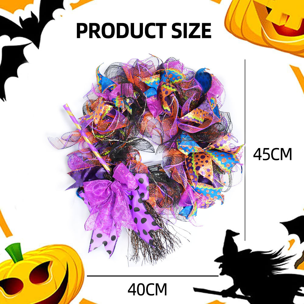 Halloween Wreath are made of PVC, plastic balls, foam flowers. Wreaths are used typically as household ornaments, most commonly as an Advent and Christmas decoration. The decorative elements of Halloween wreaths are as follows: skeleton, Witch Legs, ghosts, pumpkins, LED lights, witch hats, eyeballs, roses, ribbons, streamers,  spiders, spider webs, dead trees, decorative balls, bows, witch, silhouettes, candles, brooms, bones, snakes, pentagrams, Halloween tree garlands, crow, bat, black cat, maple leaf, jack-o'-lanterns, monster, mummy, gargoyles, demons, candy, etc. Leafhometrade specializes in providing wholesale customized halloween decorations.