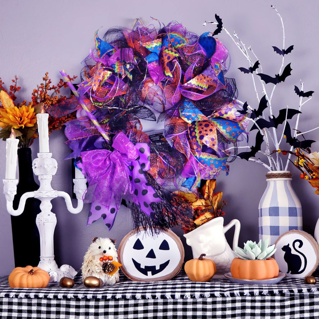 Halloween Wreath are made of PVC, plastic balls, foam flowers. Wreaths are used typically as household ornaments, most commonly as an Advent and Christmas decoration. The decorative elements of Halloween wreaths are as follows: skeleton, Witch Legs, ghosts, pumpkins, LED lights, witch hats, eyeballs, roses, ribbons, streamers,  spiders, spider webs, dead trees, decorative balls, bows, witch, silhouettes, candles, brooms, bones, snakes, pentagrams, Halloween tree garlands, crow, bat, black cat, maple leaf, jack-o'-lanterns, monster, mummy, gargoyles, demons, candy, etc. Leafhometrade specializes in providing wholesale customized halloween decorations.