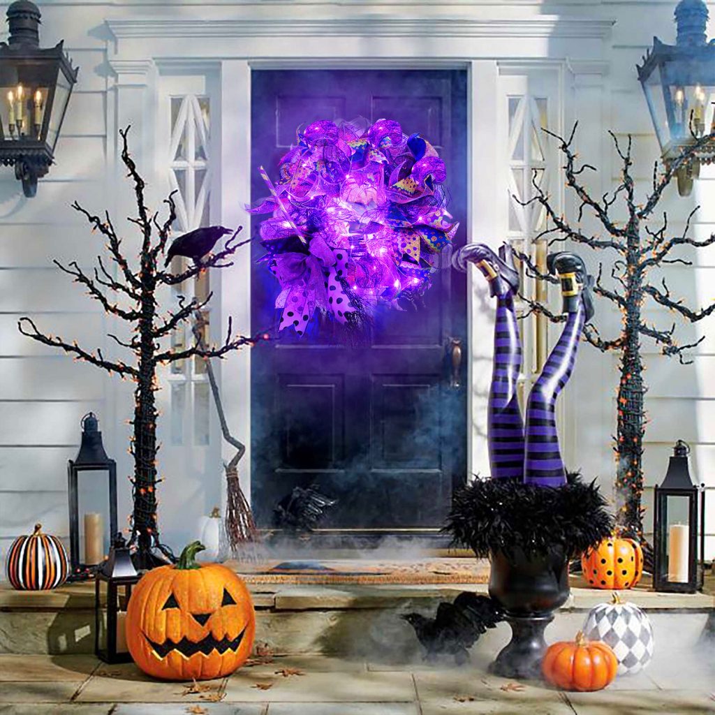 Halloween Wreath are made of PVC, plastic balls, foam flowers. Wreaths are used typically as household ornaments, most commonly as an Advent and Christmas decoration. The decorative elements of Halloween wreaths are as follows: skeleton, Witch Legs, ghosts, pumpkins, LED lights, witch hats, eyeballs, roses, ribbons, streamers,  spiders, spider webs, dead trees, decorative balls, bows, witch, silhouettes, candles, brooms, bones, snakes, pentagrams, Halloween tree garlands, crow, bat, black cat, maple leaf, jack-o'-lanterns, monster, mummy, gargoyles, demons, candy, etc. Leafhometrade specializes in providing wholesale customized halloween decorations.