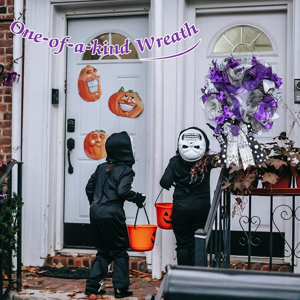 Halloween Wreath are made of PVC, plastic balls, foam flowers. Wreaths are used typically as household ornaments, most commonly as an Advent and Christmas decoration. The decorative elements of Halloween wreaths are as follows: skeleton, Witch Legs, ghosts, pumpkins, LED lights, witch hats, eyeballs, roses, ribbons, streamers,  spiders, spider webs, dead trees, decorative balls, bows, witch, silhouettes, candles, brooms, bones, snakes, pentagrams, Halloween tree garlands, crow, bat, black cat, maple leaf, jack-o'-lanterns, monster, mummy, gargoyles, demons, candy, etc. Leafhometrade specializes in providing wholesale customized halloween decorations.