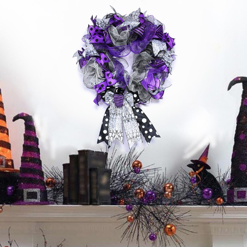 Halloween Wreath are made of PVC, plastic balls, foam flowers. Wreaths are used typically as household ornaments, most commonly as an Advent and Christmas decoration. The decorative elements of Halloween wreaths are as follows: skeleton, Witch Legs, ghosts, pumpkins, LED lights, witch hats, eyeballs, roses, ribbons, streamers,  spiders, spider webs, dead trees, decorative balls, bows, witch, silhouettes, candles, brooms, bones, snakes, pentagrams, Halloween tree garlands, crow, bat, black cat, maple leaf, jack-o'-lanterns, monster, mummy, gargoyles, demons, candy, etc. Leafhometrade specializes in providing wholesale customized halloween decorations.