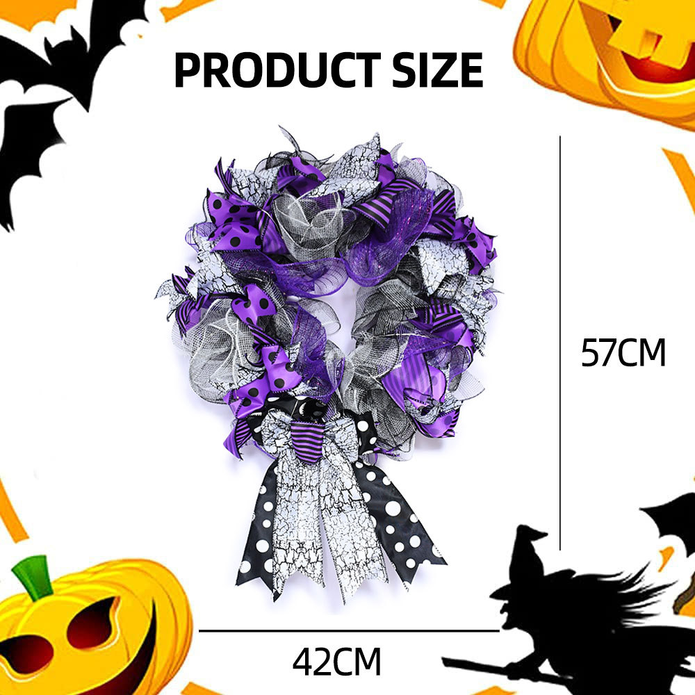 Halloween Wreath are made of PVC, plastic balls, foam flowers. Wreaths are used typically as household ornaments, most commonly as an Advent and Christmas decoration. The decorative elements of Halloween wreaths are as follows: skeleton, Witch Legs, ghosts, pumpkins, LED lights, witch hats, eyeballs, roses, ribbons, streamers,  spiders, spider webs, dead trees, decorative balls, bows, witch, silhouettes, candles, brooms, bones, snakes, pentagrams, Halloween tree garlands, crow, bat, black cat, maple leaf, jack-o'-lanterns, monster, mummy, gargoyles, demons, candy, etc. Leafhometrade specializes in providing wholesale customized halloween decorations.