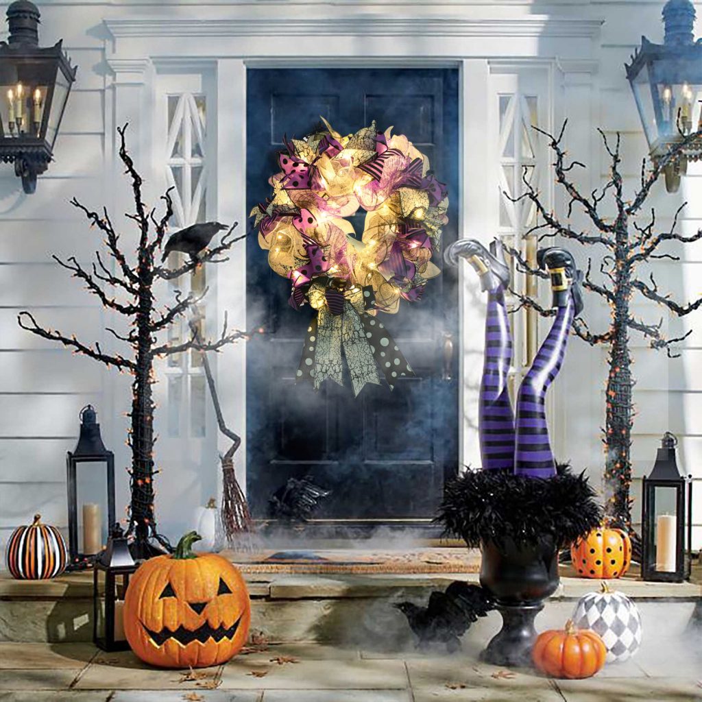 Halloween Wreath are made of PVC, plastic balls, foam flowers. Wreaths are used typically as household ornaments, most commonly as an Advent and Christmas decoration. The decorative elements of Halloween wreaths are as follows: skeleton, Witch Legs, ghosts, pumpkins, LED lights, witch hats, eyeballs, roses, ribbons, streamers,  spiders, spider webs, dead trees, decorative balls, bows, witch, silhouettes, candles, brooms, bones, snakes, pentagrams, Halloween tree garlands, crow, bat, black cat, maple leaf, jack-o'-lanterns, monster, mummy, gargoyles, demons, candy, etc. Leafhometrade specializes in providing wholesale customized halloween decorations.