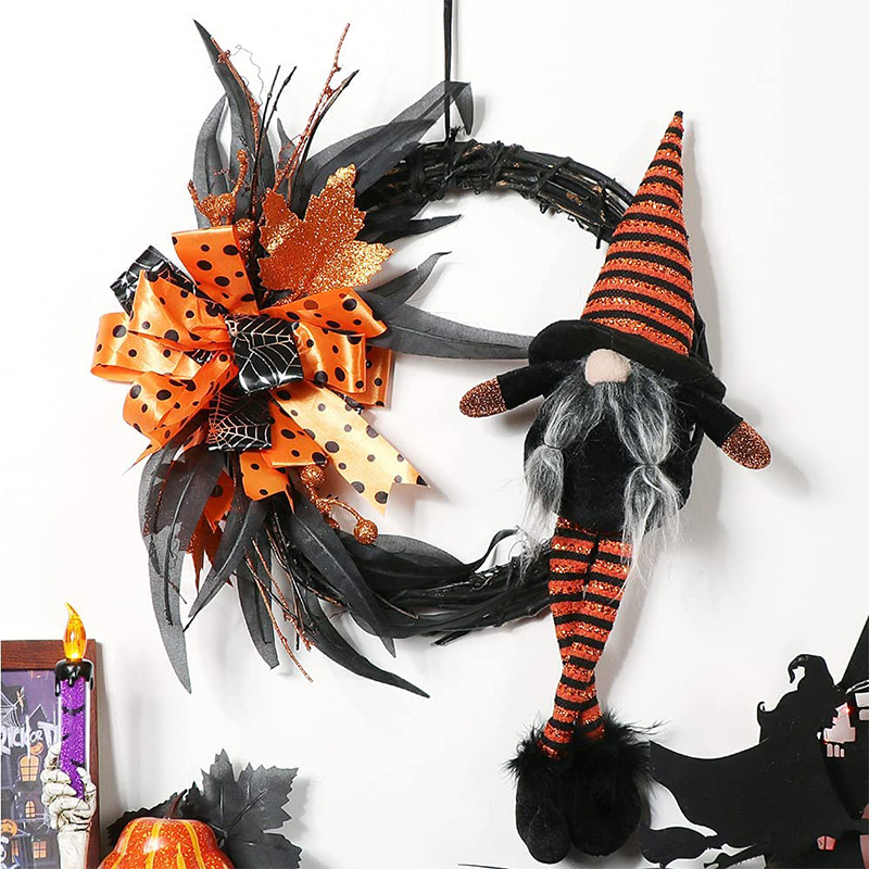 Halloween Wreath are made of PVC, plastic balls, foam flowers. Wreaths are used typically as household ornaments, most commonly as an Advent and Christmas decoration. The decorative elements of Halloween wreaths are as follows: skeleton, Witch Legs, ghosts, pumpkins, LED lights, witch hats, eyeballs, roses, ribbons, streamers,  spiders, spider webs, dead trees, decorative balls, bows, witch, silhouettes, candles, brooms, bones, snakes, pentagrams, Halloween tree garlands, crow, bat, black cat, maple leaf, jack-o'-lanterns, monster, mummy, gargoyles, demons, candy, etc. Leafhometrade specializes in providing wholesale customized halloween decorations.