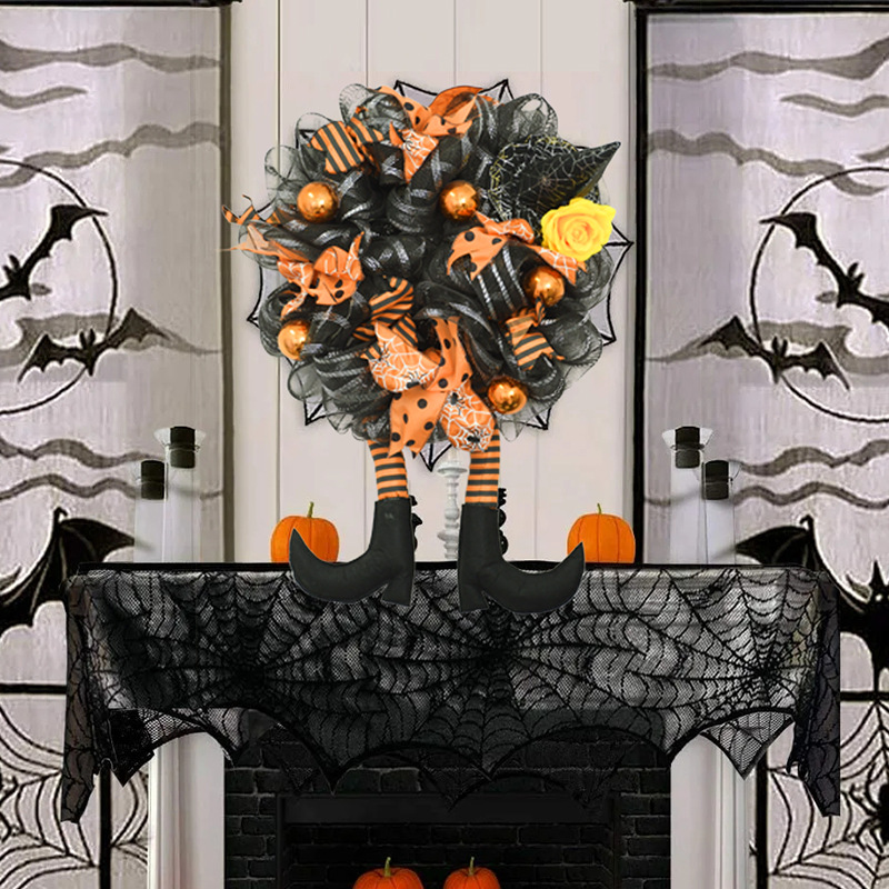 Halloween Wreath are made of PVC, plastic balls, foam flowers. Wreaths are used typically as household ornaments, most commonly as an Advent and Christmas decoration. The decorative elements of Halloween wreaths are as follows: skeleton, Witch Legs, ghosts, pumpkins, LED lights, witch hats, eyeballs, roses, ribbons, streamers,  spiders, spider webs, dead trees, decorative balls, bows, witch, silhouettes, candles, brooms, bones, snakes, pentagrams, Halloween tree garlands, crow, bat, black cat, maple leaf, jack-o'-lanterns, monster, mummy, gargoyles, demons, candy, etc. Leafhometrade specializes in providing wholesale customized halloween decorations.