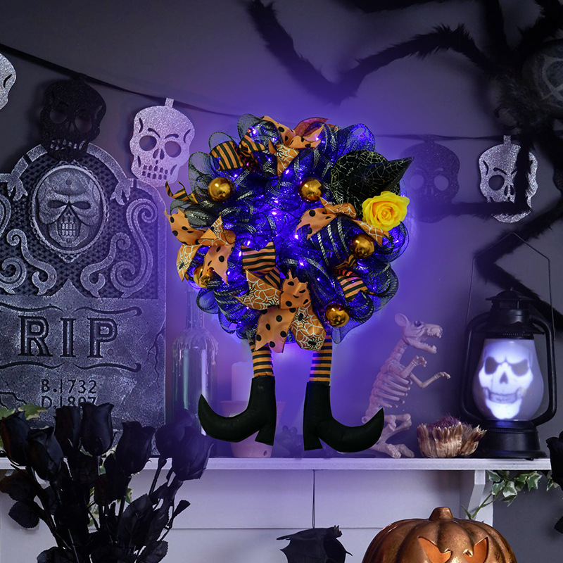 Halloween Wreath are made of PVC, plastic balls, foam flowers. Wreaths are used typically as household ornaments, most commonly as an Advent and Christmas decoration. The decorative elements of Halloween wreaths are as follows: skeleton, Witch Legs, ghosts, pumpkins, LED lights, witch hats, eyeballs, roses, ribbons, streamers,  spiders, spider webs, dead trees, decorative balls, bows, witch, silhouettes, candles, brooms, bones, snakes, pentagrams, Halloween tree garlands, crow, bat, black cat, maple leaf, jack-o'-lanterns, monster, mummy, gargoyles, demons, candy, etc. Leafhometrade specializes in providing wholesale customized halloween decorations.