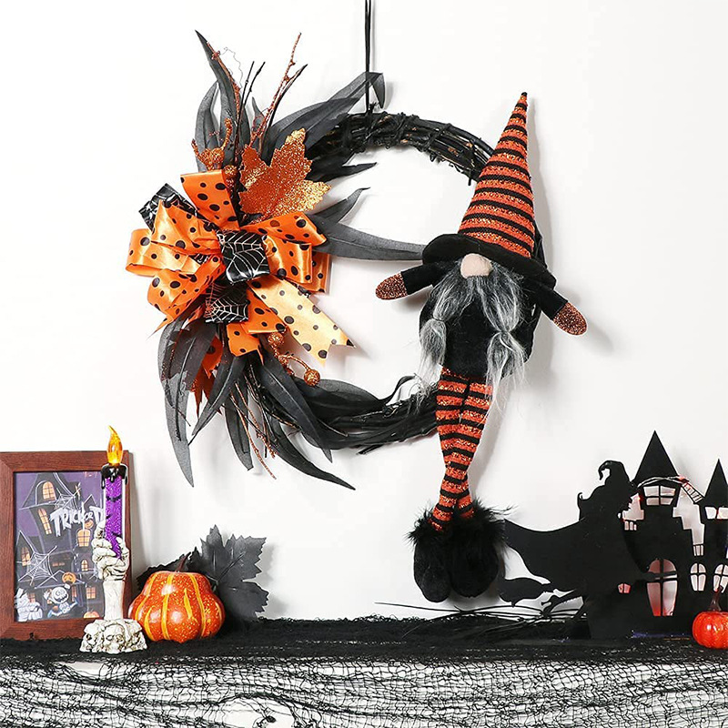 Halloween Wreath are made of PVC, plastic balls, foam flowers. Wreaths are used typically as household ornaments, most commonly as an Advent and Christmas decoration. The decorative elements of Halloween wreaths are as follows: skeleton, Witch Legs, ghosts, pumpkins, LED lights, witch hats, eyeballs, roses, ribbons, streamers,  spiders, spider webs, dead trees, decorative balls, bows, witch, silhouettes, candles, brooms, bones, snakes, pentagrams, Halloween tree garlands, crow, bat, black cat, maple leaf, jack-o'-lanterns, monster, mummy, gargoyles, demons, candy, etc. Leafhometrade specializes in providing wholesale customized halloween decorations.