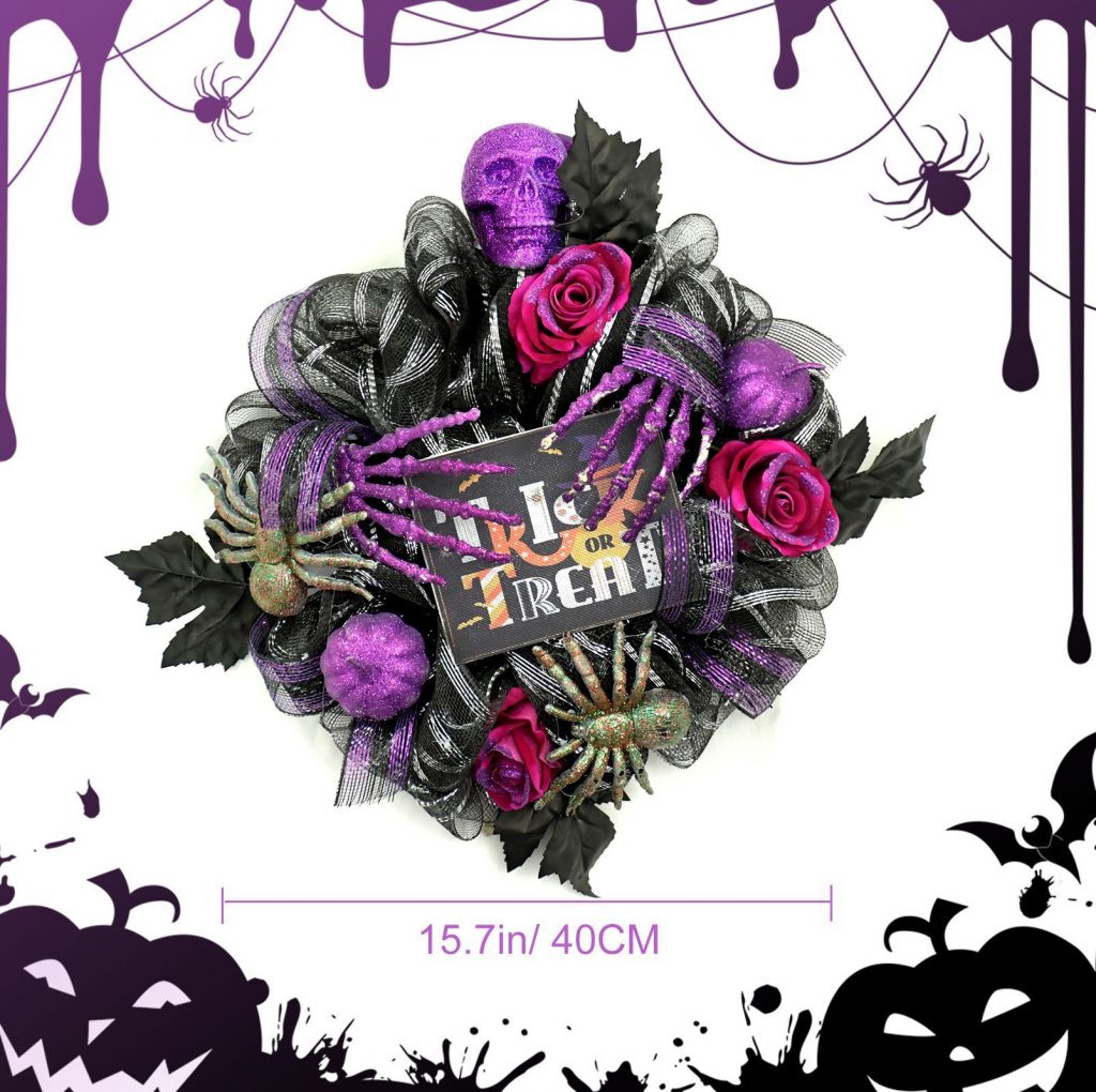 Halloween Wreath are made of PVC, plastic balls, foam flowers. Wreaths are used typically as household ornaments, most commonly as an Advent and Christmas decoration. The decorative elements of Halloween wreaths are as follows: skeleton, Witch Legs, ghosts, pumpkins, LED lights, witch hats, eyeballs, roses, ribbons, streamers,  spiders, spider webs, dead trees, decorative balls, bows, witch, silhouettes, candles, brooms, bones, snakes, pentagrams, Halloween tree garlands, crow, bat, black cat, maple leaf, jack-o'-lanterns, monster, mummy, gargoyles, demons, candy, etc. Leafhometrade specializes in providing wholesale customized halloween decorations.