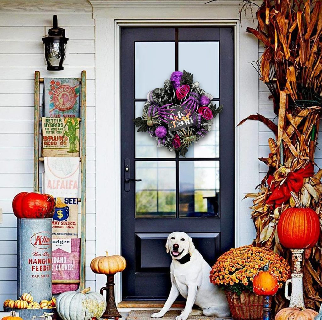 Halloween Wreath are made of PVC, plastic balls, foam flowers. Wreaths are used typically as household ornaments, most commonly as an Advent and Christmas decoration. The decorative elements of Halloween wreaths are as follows: skeleton, Witch Legs, ghosts, pumpkins, LED lights, witch hats, eyeballs, roses, ribbons, streamers,  spiders, spider webs, dead trees, decorative balls, bows, witch, silhouettes, candles, brooms, bones, snakes, pentagrams, Halloween tree garlands, crow, bat, black cat, maple leaf, jack-o'-lanterns, monster, mummy, gargoyles, demons, candy, etc. Leafhometrade specializes in providing wholesale customized halloween decorations.