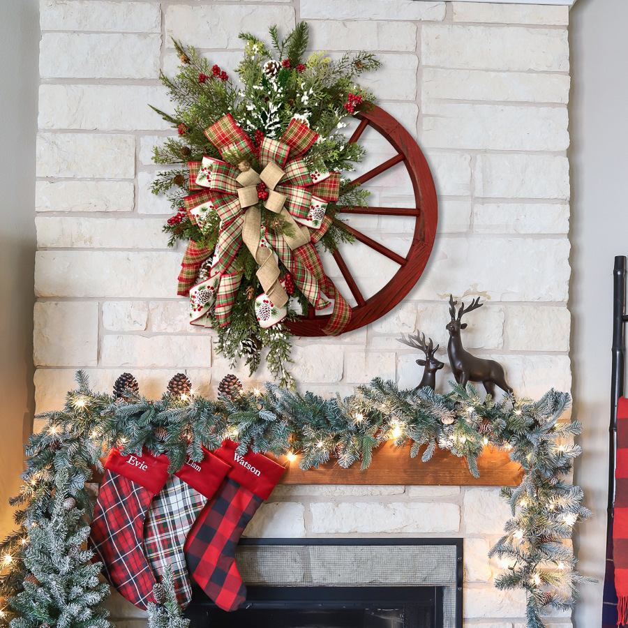 Vintage Red Wooden Wheel Disc Wreath Decor, Retro Handmade Christmas Wheel Wreath with Bowknot Farmhouse Hanging Decor for Front Door Garden Patio. Christmas is December 36th. This day is very important to Christians, celebrating the birth of Jesus Christ, the Son of God. Christmas is also a holiday for many non-Christian cultures around the world. Many people are busy preparing for Christmas celebrations, decorating their homes inside and outside. Essential Christmas Items：Wreaths, Stockings, Christmas tree, Christmas Lights, Candles, Ornaments, Garland, Mistletoe, Nativity Scene, Poinsettia, Tinsel, Angels, Bells, Christmas Village, Lawn Decoration, Reindeer, Tree, Tree Topper, Candy Canes, Christmas cards display, Cosy blankets and throws, Gift wrapping, Glowing lanterns, Christmas Villages, Pillows, Doormats, Christmas Tableware, Santa Claus, carriage toys, Tabletop Trees, Sleighs, Inflatable Snowman, stars, snow globes and angels etc. Leafhometrade specializes in providing wholesale custom Christmas decorations.