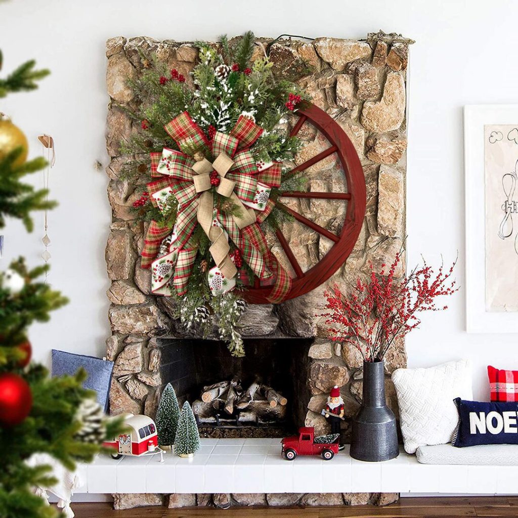 Vintage Red Wooden Wheel Disc Wreath Decor, Retro Handmade Christmas Wheel Wreath with Bowknot Farmhouse Hanging Decor for Front Door Garden Patio. Christmas is December 36th. This day is very important to Christians, celebrating the birth of Jesus Christ, the Son of God. Christmas is also a holiday for many non-Christian cultures around the world. Many people are busy preparing for Christmas celebrations, decorating their homes inside and outside. Essential Christmas Items：Wreaths, Stockings, Christmas tree, Christmas Lights, Candles, Ornaments, Garland, Mistletoe, Nativity Scene, Poinsettia, Tinsel, Angels, Bells, Christmas Village, Lawn Decoration, Reindeer, Tree, Tree Topper, Candy Canes, Christmas cards display, Cosy blankets and throws, Gift wrapping, Glowing lanterns, Christmas Villages, Pillows, Doormats, Christmas Tableware, Santa Claus, carriage toys, Tabletop Trees, Sleighs, Inflatable Snowman, stars, snow globes and angels etc. Leafhometrade specializes in providing wholesale custom Christmas decorations.