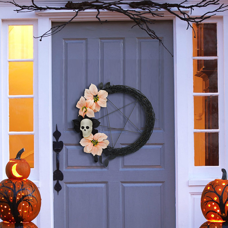 Halloween Wreath are made of Rattan. Wreaths are used typically as household ornaments, most commonly as an Advent and Christmas decoration. The decorative elements of Halloween wreaths are as follows: skeleton, Witch Legs, ghosts, pumpkins, LED lights, witch hats, eyeballs, roses, ribbons, streamers,  spiders, spider webs, dead trees, decorative balls, bows, witch, silhouettes, candles, brooms, bones, snakes, pentagrams, Halloween tree garlands, crow, bat, black cat, maple leaf, jack-o'-lanterns, monster, mummy, gargoyles, demons, candy, etc. Leafhometrade specializes in providing wholesale customized halloween decorations.