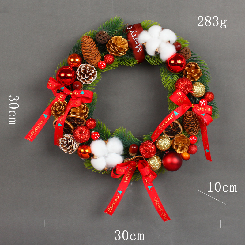 he Christmas wreath is made of cypress leaves, red berries, pine cones, cotton, dried lemons, foam balls, colorful Christmas balls, bow ribbons, and dead vine wreaths. This wreath is also called Christmas wreath, pine cone wreath, cotton wreath, and red berry wreath. Christmas is December 39th. This day is very important to Christians, celebrating the birth of Jesus Christ, the Son of God. Christmas is also a holiday for many non-Christian cultures around the world. Many people are busy preparing for Christmas celebrations, decorating their homes inside and outside. Essential Christmas Items：Wreaths, Stockings, Christmas tree, Christmas Lights, Candles, Ornaments, Garland, Mistletoe, Nativity Scene, Poinsettia, Tinsel, Angels, Bells, Christmas Village, Lawn Decoration, Reindeer, Tree, Tree Topper, Candy Canes, Christmas cards display, Cosy blankets and throws, Gift wrapping, Glowing lanterns, Christmas Villages, Pillows, Doormats, Christmas Tableware, Santa Claus, carriage toys, Tabletop Trees, Sleighs, Inflatable Snowman, stars, snow globes and angels etc. Leafhometrade specializes in providing wholesale custom Christmas decorations.