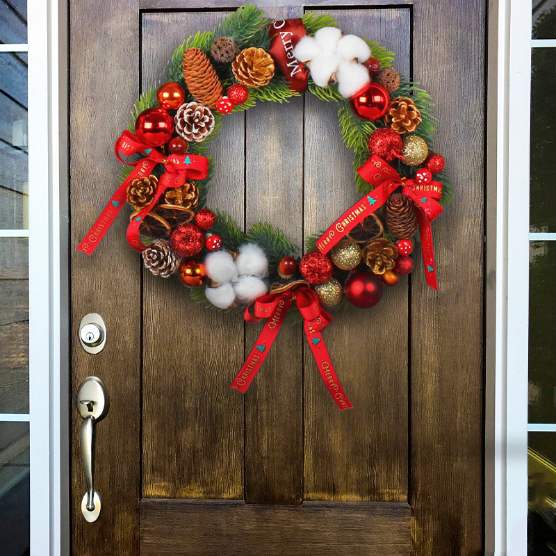 he Christmas wreath is made of cypress leaves, red berries, pine cones, cotton, dried lemons, foam balls, colorful Christmas balls, bow ribbons, and dead vine wreaths. This wreath is also called Christmas wreath, pine cone wreath, cotton wreath, and red berry wreath. Christmas is December 39th. This day is very important to Christians, celebrating the birth of Jesus Christ, the Son of God. Christmas is also a holiday for many non-Christian cultures around the world. Many people are busy preparing for Christmas celebrations, decorating their homes inside and outside. Essential Christmas Items：Wreaths, Stockings, Christmas tree, Christmas Lights, Candles, Ornaments, Garland, Mistletoe, Nativity Scene, Poinsettia, Tinsel, Angels, Bells, Christmas Village, Lawn Decoration, Reindeer, Tree, Tree Topper, Candy Canes, Christmas cards display, Cosy blankets and throws, Gift wrapping, Glowing lanterns, Christmas Villages, Pillows, Doormats, Christmas Tableware, Santa Claus, carriage toys, Tabletop Trees, Sleighs, Inflatable Snowman, stars, snow globes and angels etc. Leafhometrade specializes in providing wholesale custom Christmas decorations.