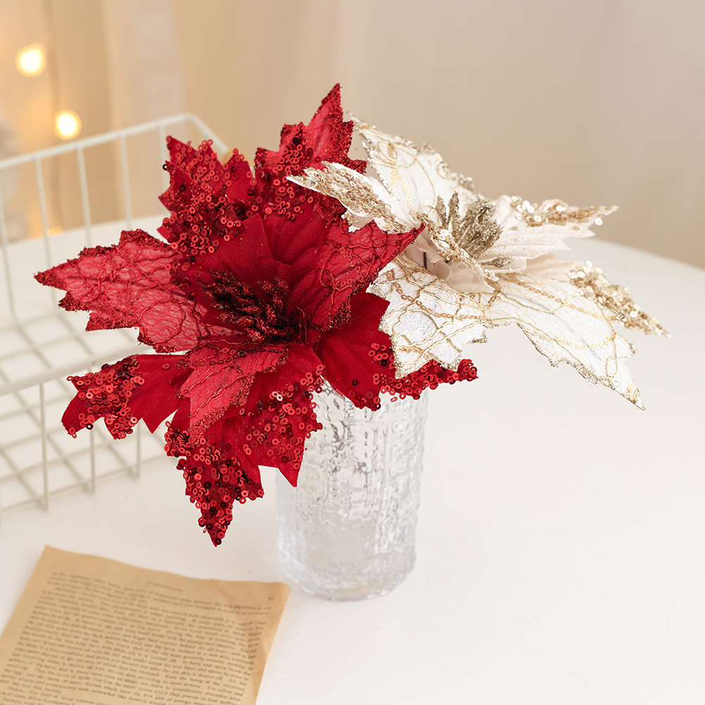 The artificial Christmas flowers are made of sequined fabrics, velvet flowers and rattan. Leafhometrade specializes in providing customized wholesale Christmas flower services. For more details.